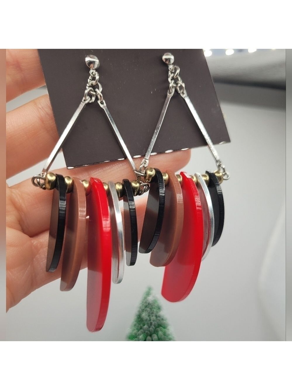 ✨2/$10✨ Red Black Silver Semicircle Geometric Large Earrings Statement Classic